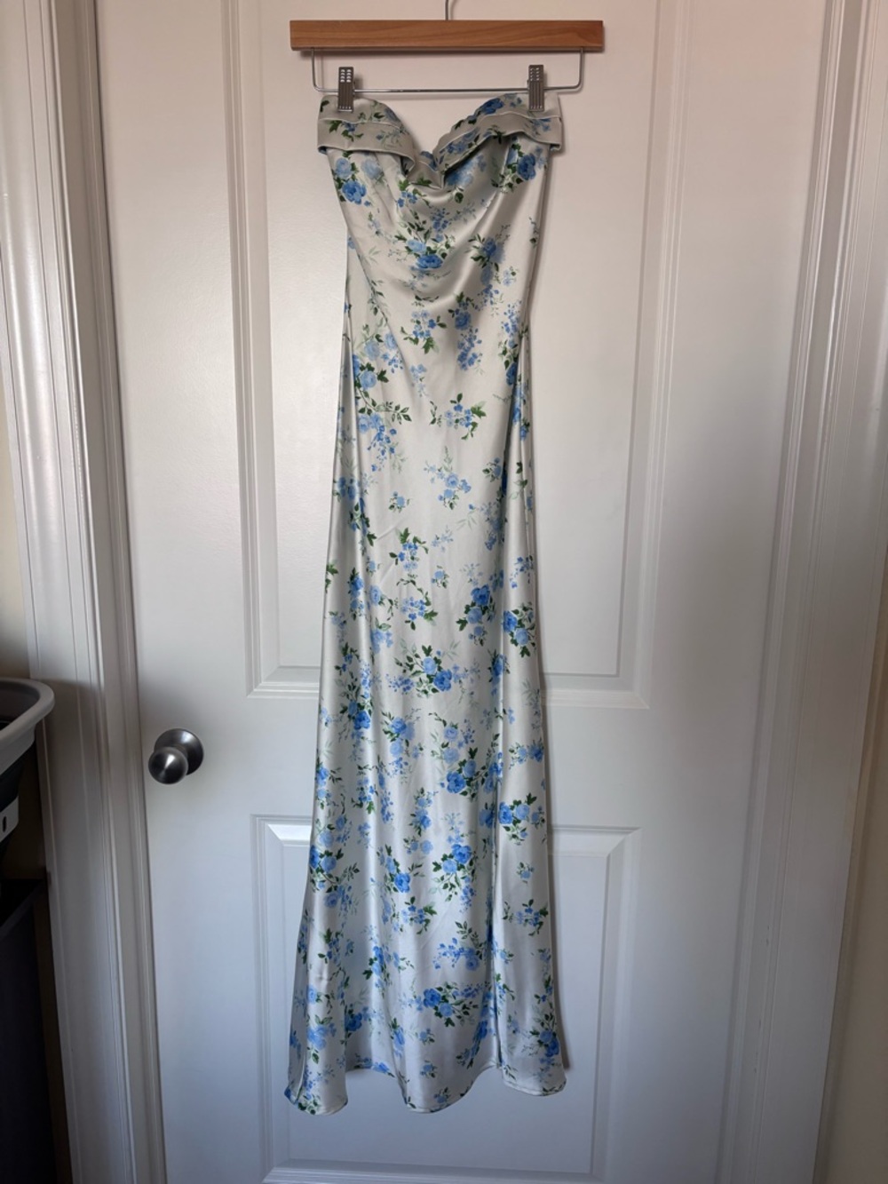 Altar'd State Strapless Floral Satin Maxi Dress - White & Blue